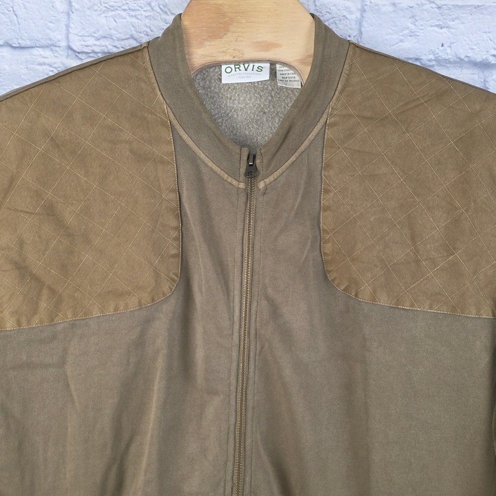 Orvis Men Full Zip Shooting Jacket Quilt Shoulder Elbow Patches Khaki‎ Green 2XL